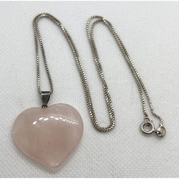 Vintage Rose Quartz Heart Pendant 20'' Chain Necklace Sterling 925 Silver 9.7g - Picture 7 of 9